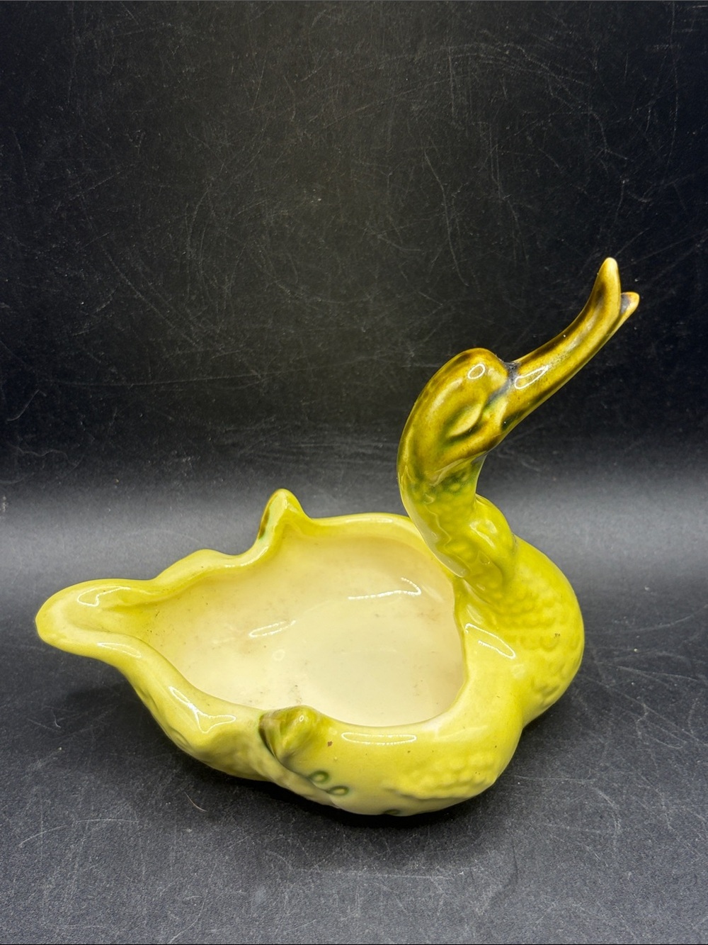 Vintage MCM Chartreuse Goose Swan Pottery Trinket Dish Bird Keepsake Dish - Picture 5 of 7